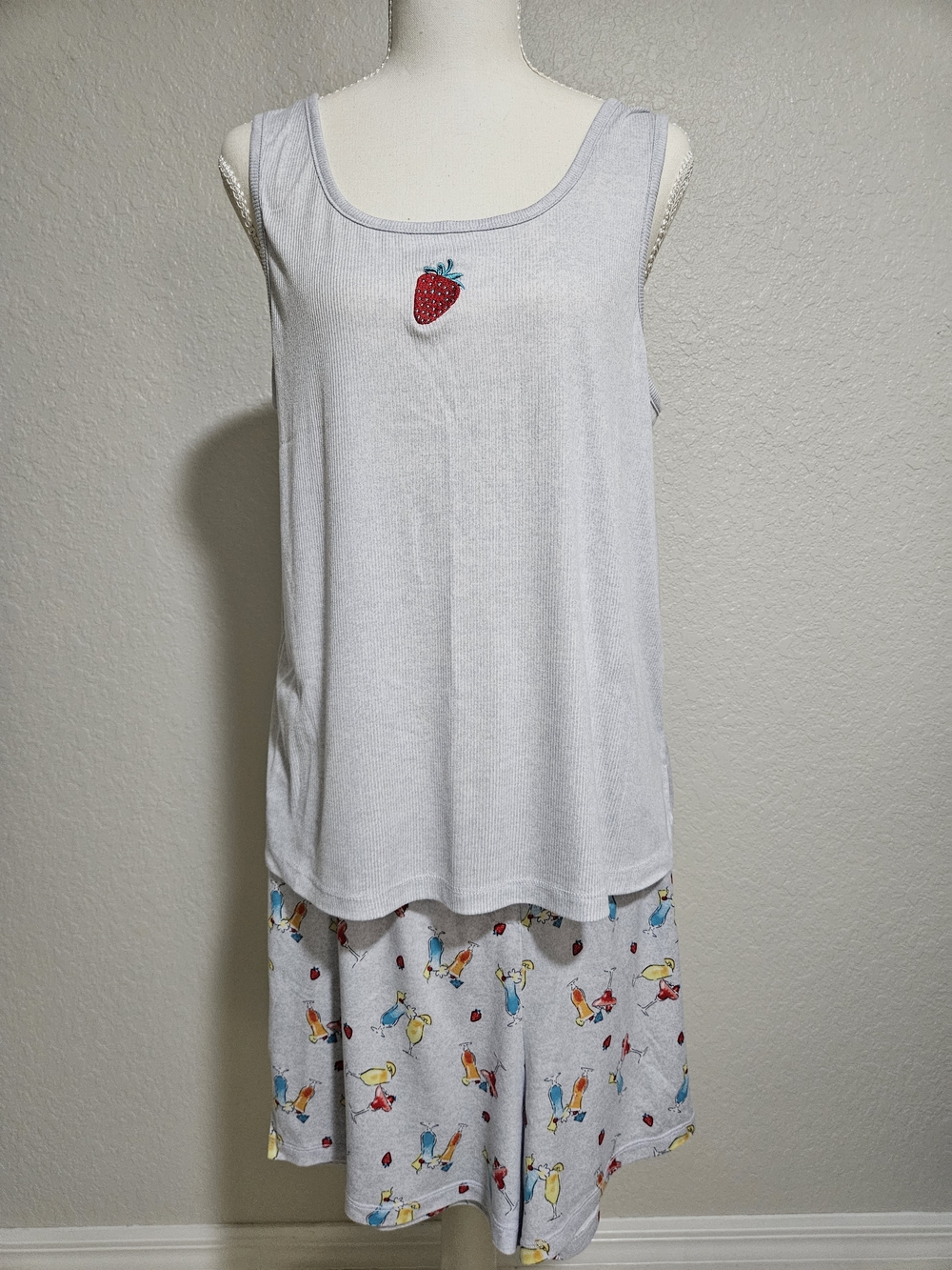 White Ribbed Tank & Light Gray Printed Lounge Set with Strawberry Accent